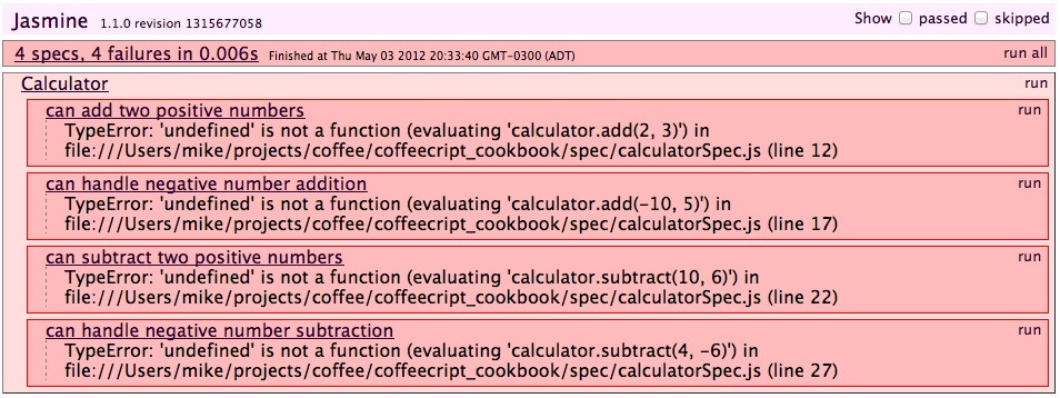 CoffeeScript 使用 Jasmine 测试